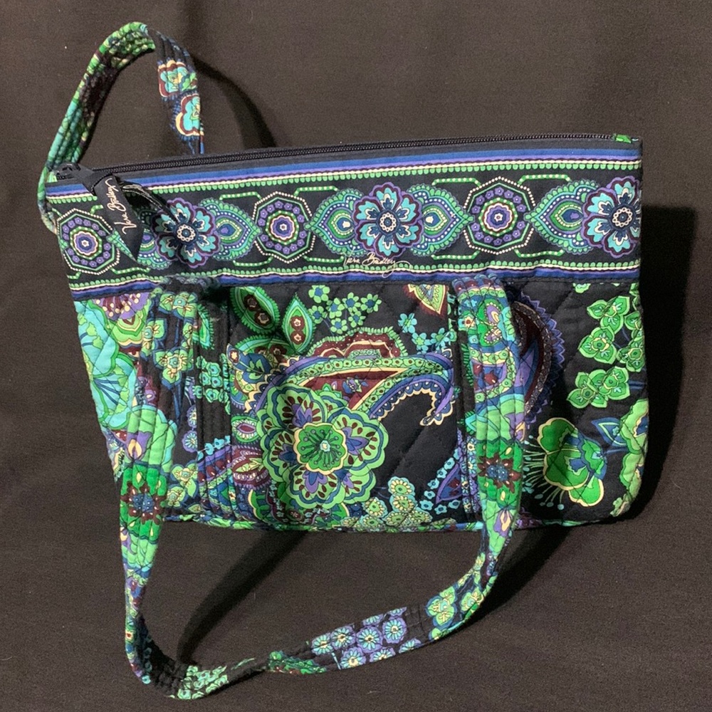 VERA BRADLEY BLUE/GREEN FLORAL MULTI POCKETS/SECTIONS SHOULDER HANDBAG PURSE
